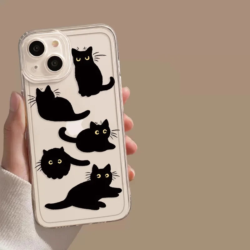 Transparent Phone Case for iPhone 13 15 Cover for 12 11 14 Pro Max 13 12Mini X XS XR SE 14 Plus Cartoon Black Cat Shells Fundas