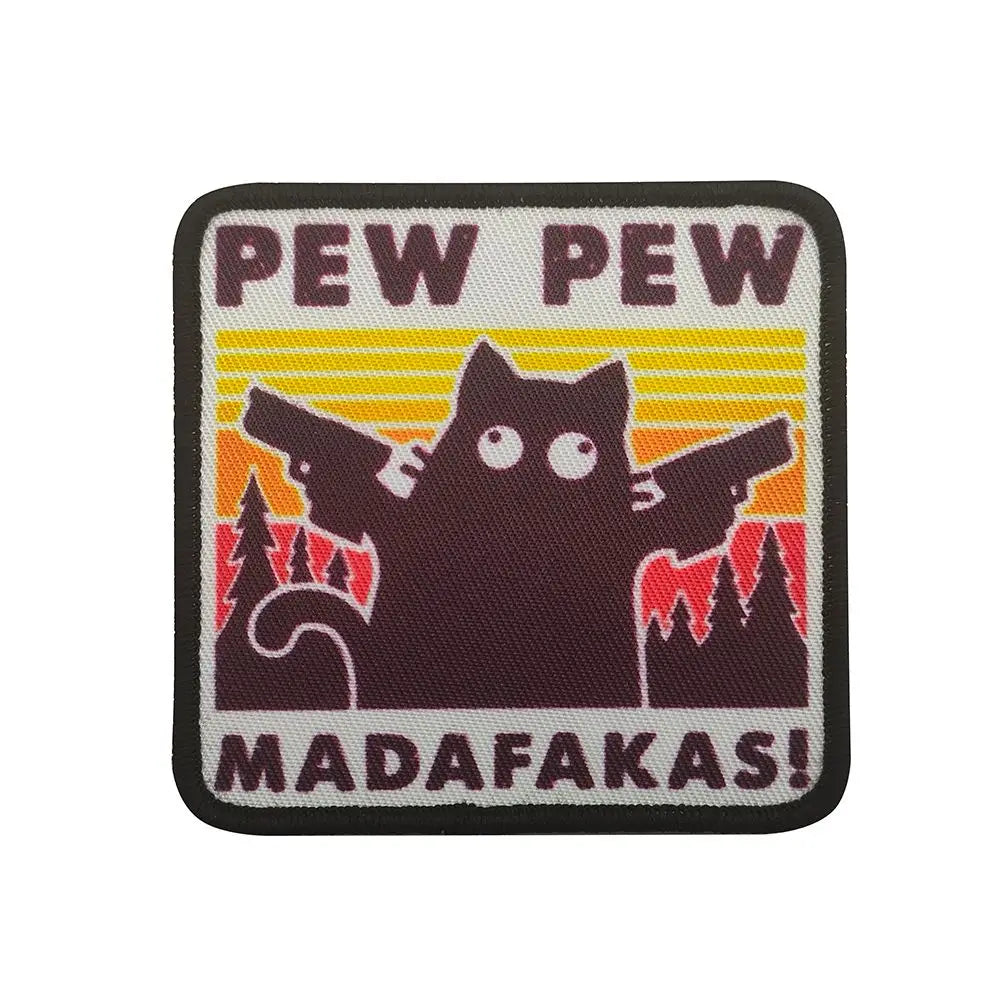 Pew Pew Madafakas Tactical Patches Fun Embroidery Hook&Loop Patch Military Double Spear Black Cat Morale Badge Backpack Stickers