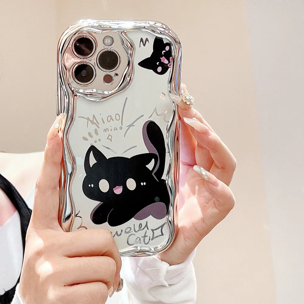 Bead Bracelet Chain Phone Case For iPhone 15 14 13 12 11 Pro Max 14 15 Plus XS Max XR Cute Cat Luxury Plating Silver Cover