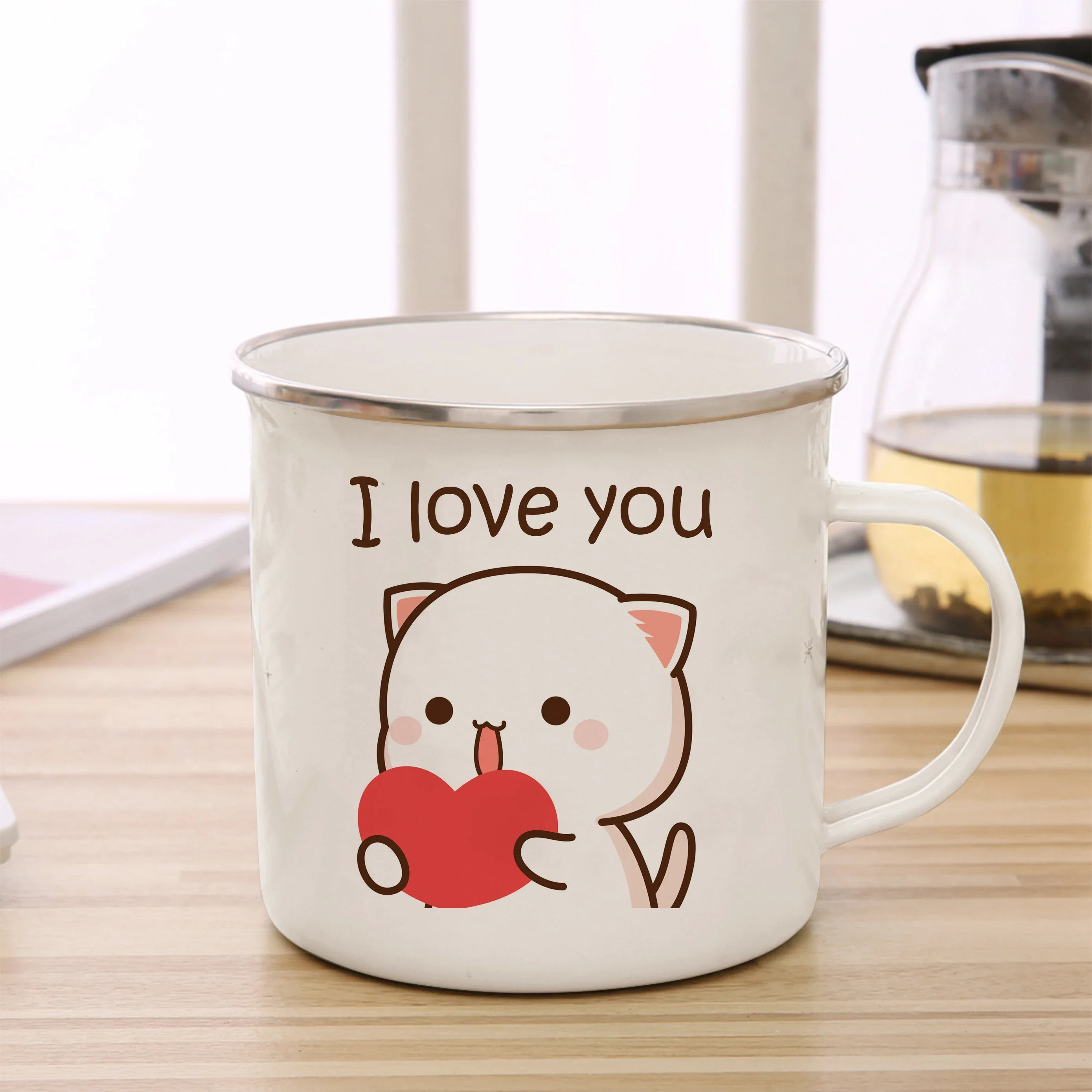 New Peach and Goma cat Enamel cup Coffee tea Mug cute animal Breakfast Dessert milk water cup couple gift