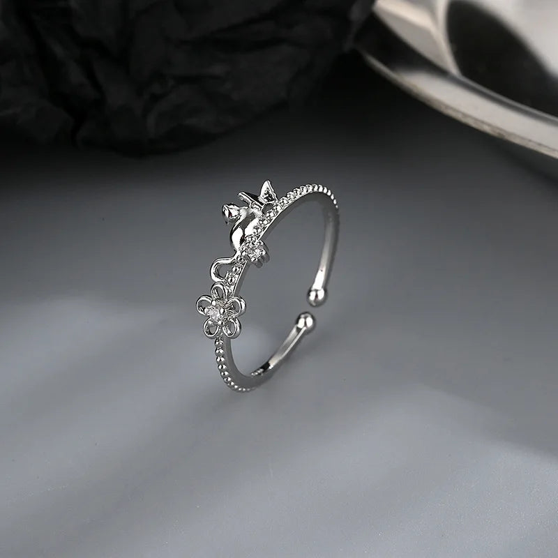 New Fashion Silver Color Open Finger Rings Cat Love Fish Moon Stone Pink Animal For Women Girl Jewelry Gift Dropship