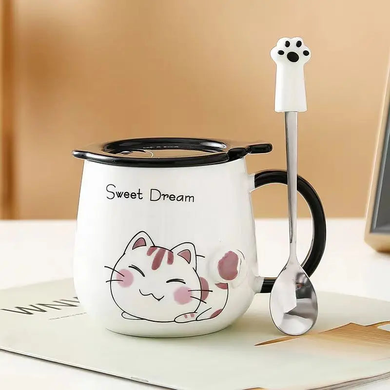 Pink White Black Cat Ceramic Mugs with Lids Spoons Cute Girl Heart Couple Coffee Cups Holiday Gifts Drinkware Water Bottle