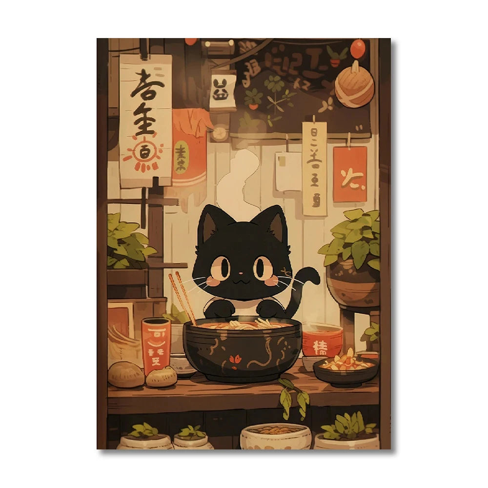 Kawaii Japanese Ramen Animal Cat Posters Canvas Prints Paintings Home Decor Noodles Food Wall Art Poster Kitchen Room Decoration