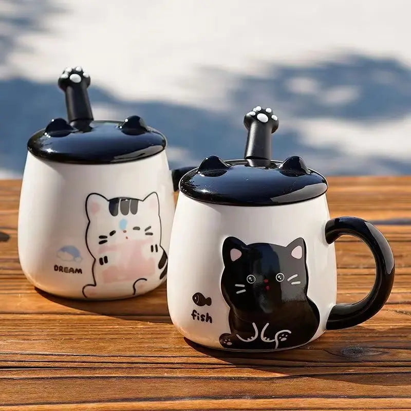 Pink White Black Cat Ceramic Mugs with Lids Spoons Cute Girl Heart Couple Coffee Cups Holiday Gifts Drinkware Water Bottle