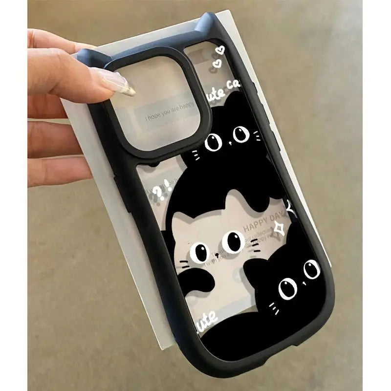 New Cute Black Ball Kitten Cat Ears Phone Case For iPhone 15 14 13 12 Pro Max 11 12 Pro 7 8 PLUS Clear Silica Gel Anti Drop Case