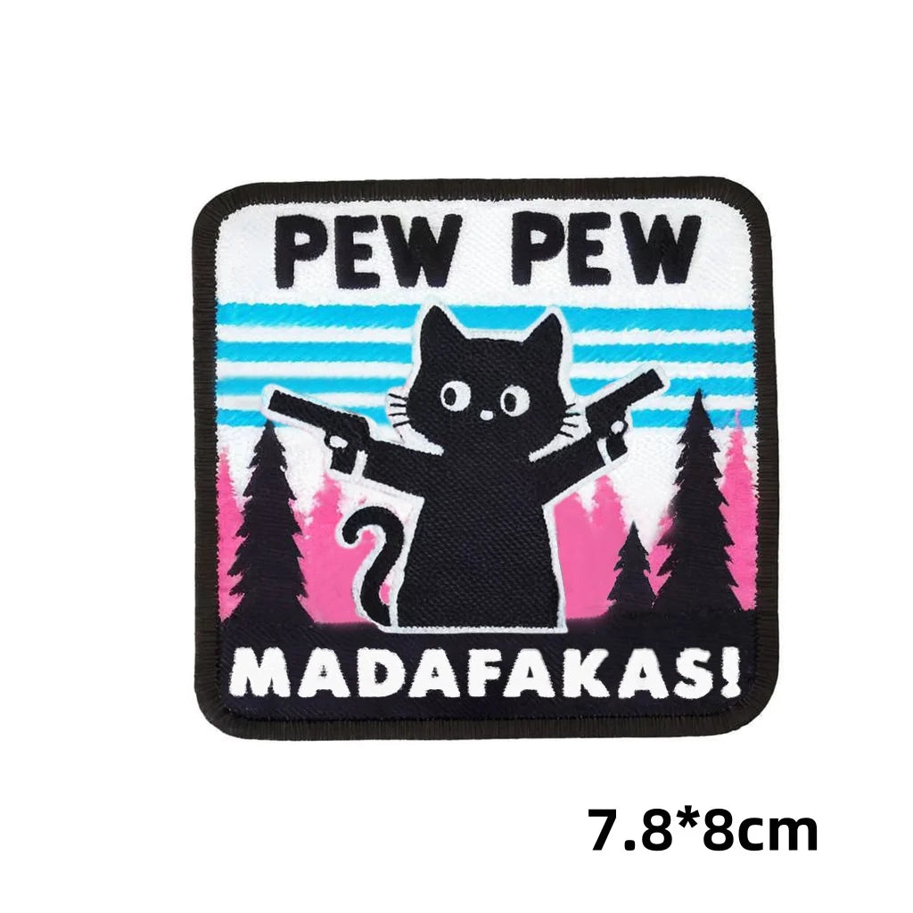 Pew Pew Madafakas Tactical Patches Fun Embroidery Hook&Loop Patch Military Double Spear Black Cat Morale Badge Backpack Stickers