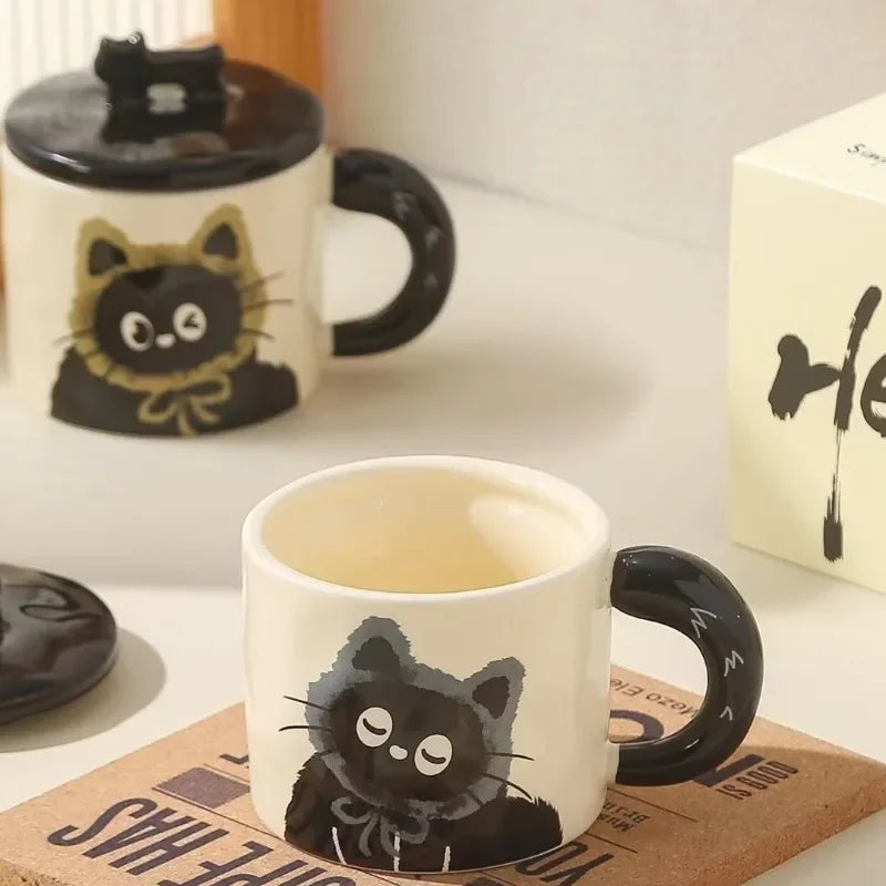 Creative personality cat mug with lid souvenir gift drinking water cup cute ceramic coffee cup office cup