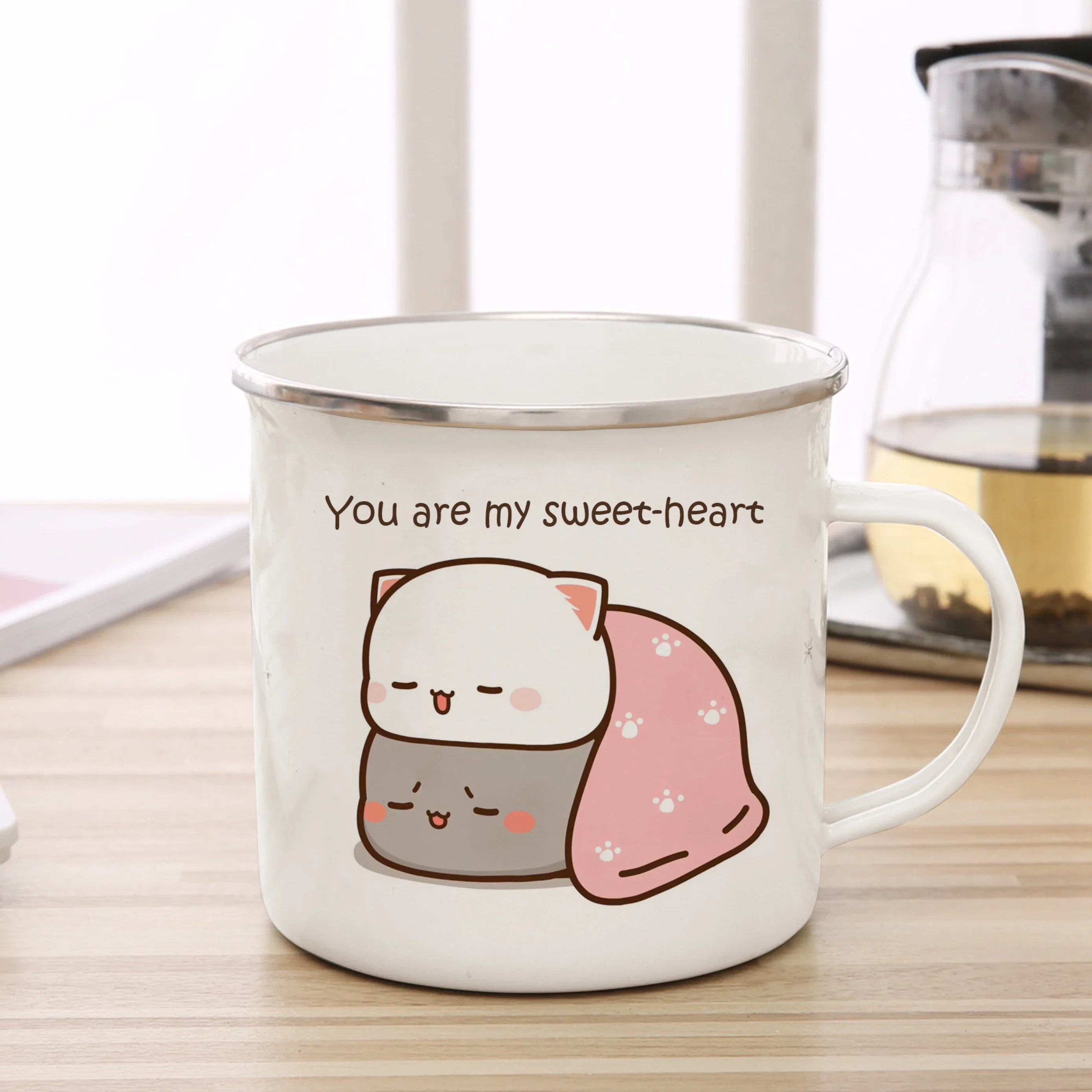 New Peach and Goma cat Enamel cup Coffee tea Mug cute animal Breakfast Dessert milk water cup couple gift