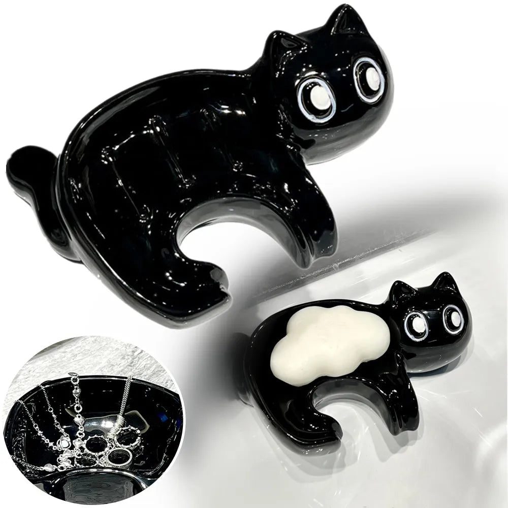 Cute Cat Drain Soap Holder Container Smooth Ceramic Toilet Soap Dish Case Tray Washroom Tools Bathroom Accessories Home Decor