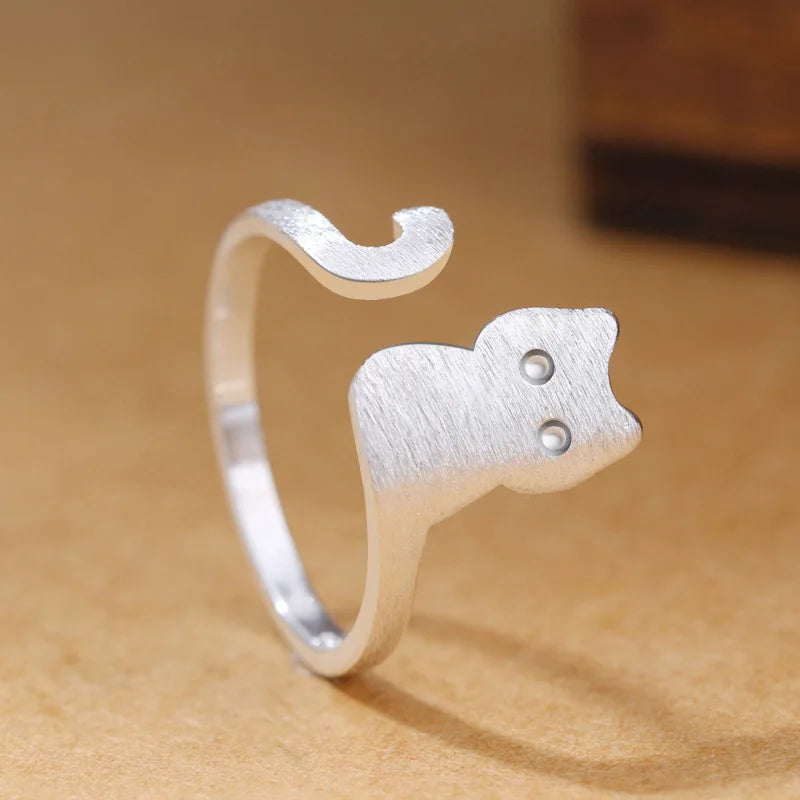 New Fashion Silver Color Open Finger Rings Cat Love Fish Moon Stone Pink Animal For Women Girl Jewelry Gift Dropship