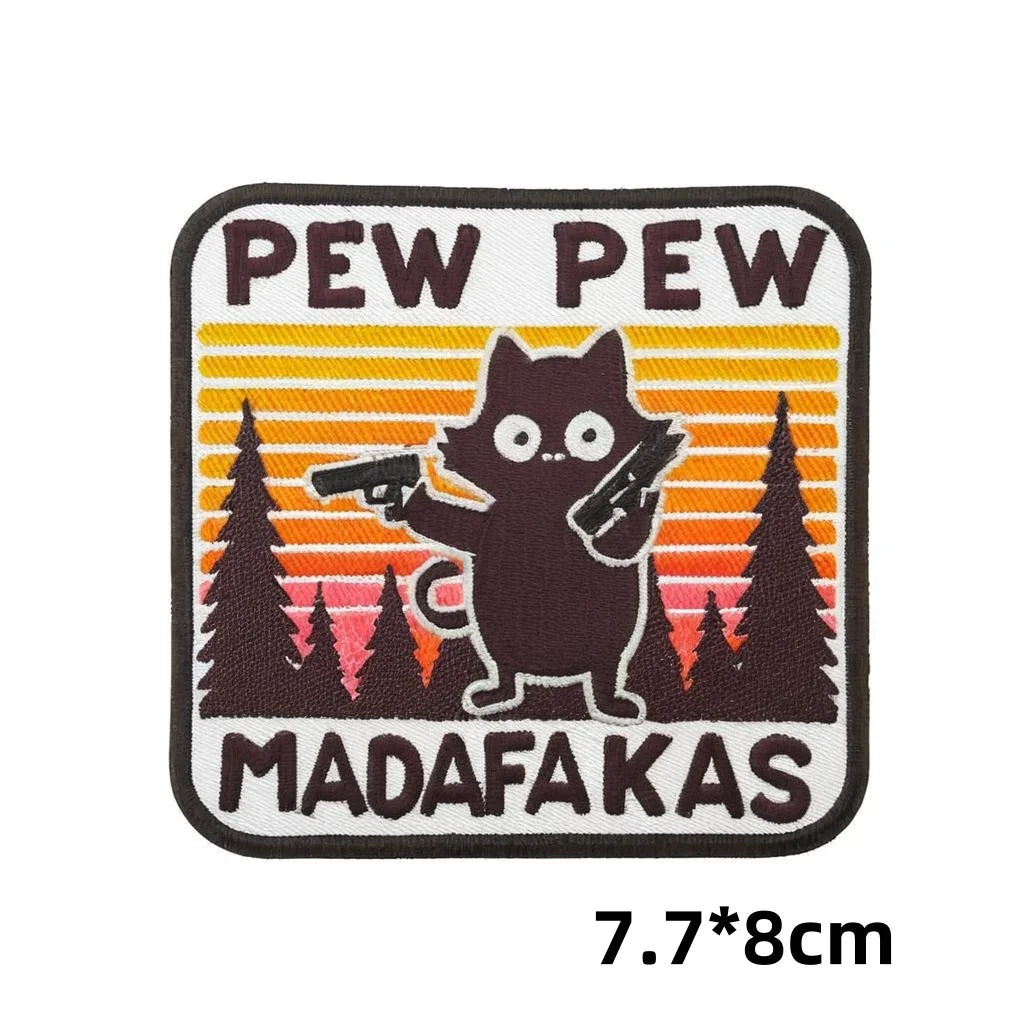 Pew Pew Madafakas Tactical Patches Fun Embroidery Hook&Loop Patch Military Double Spear Black Cat Morale Badge Backpack Stickers