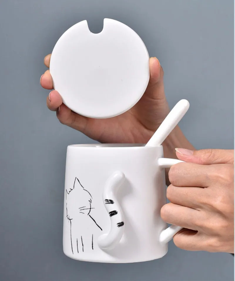 380ml Cute Cat Ceramic Mug With Spoon And Lid Creative Relief Coffee Tea Milk Breakfast Cups With Handle Novelty Gifts