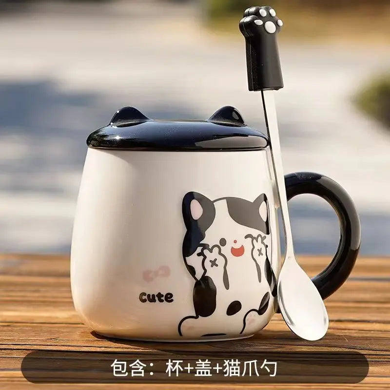 Pink White Black Cat Ceramic Mugs with Lids Spoons Cute Girl Heart Couple Coffee Cups Holiday Gifts Drinkware Water Bottle