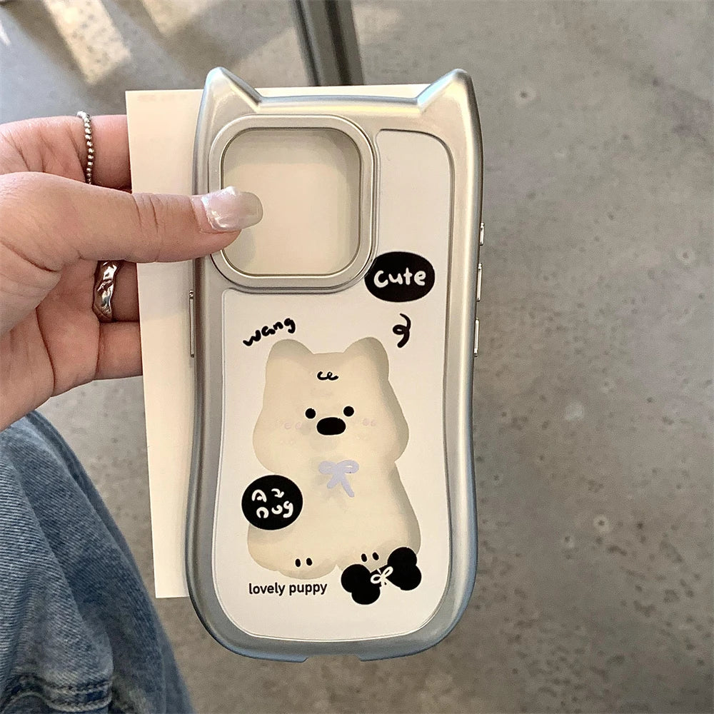 Korean Cartoon 3D Cat Ears Puppy Clear Plating Phone Case For iphone 15 14 13 12 Pro Max Cute Anti-Drop Shockproof Back Cover