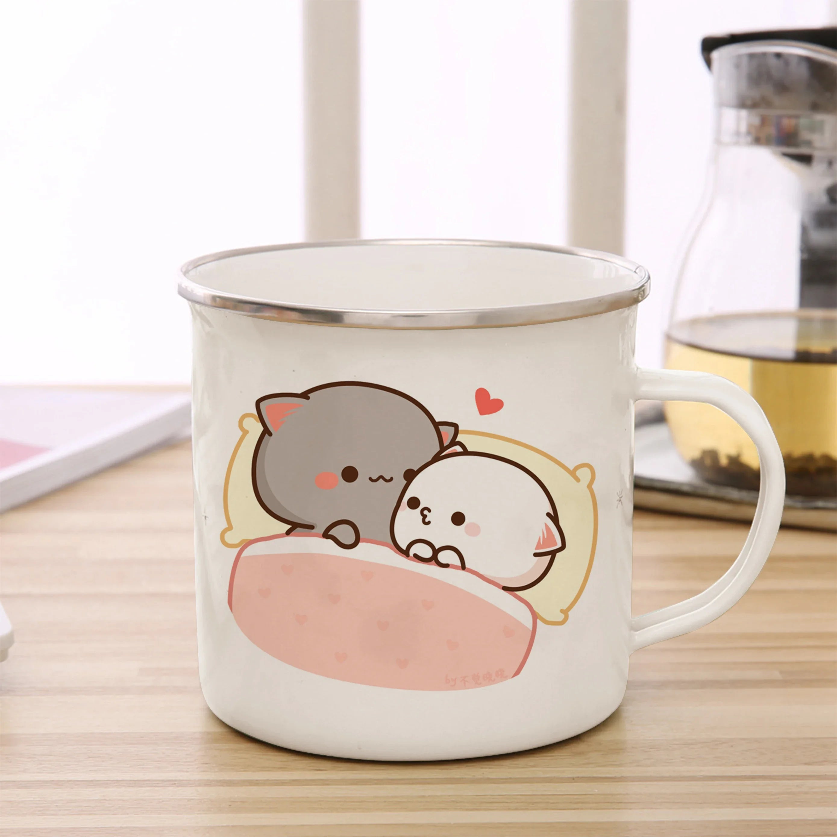 New Peach and Goma cat Enamel cup Coffee tea Mug cute animal Breakfast Dessert milk water cup couple gift