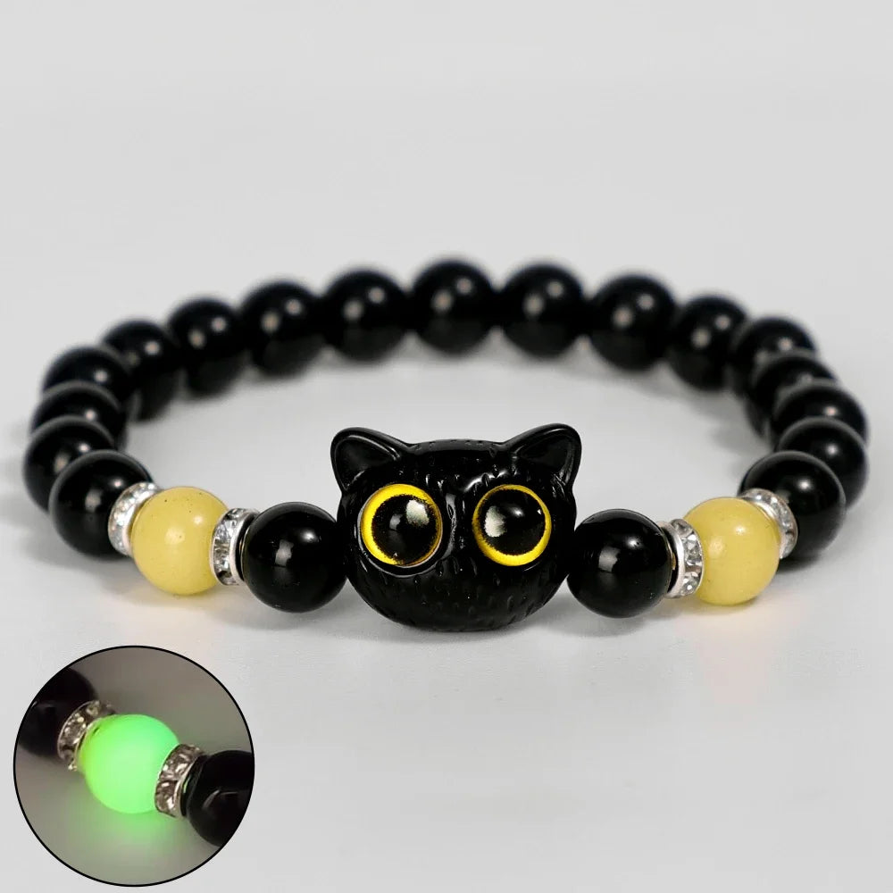 Cute Big Eye Cat Luminous Bracelets For Women Cartoon Animal Pendant Beaded Hand Chain Friendship Couple Bracelet Jewelry Gift