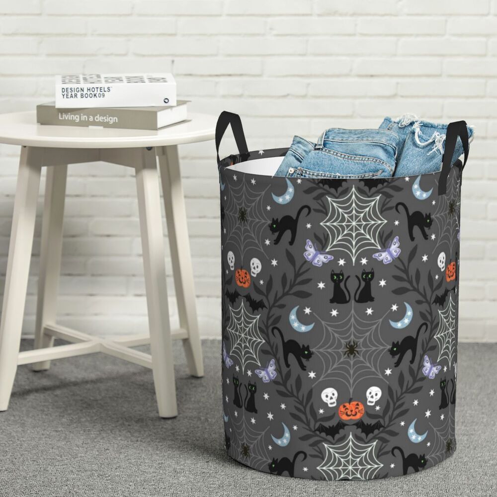 Custom Halloween Black Cat Skull Laundry Hamper Large Storage Basket Gothic Witch Girls Boys Toy Organizer