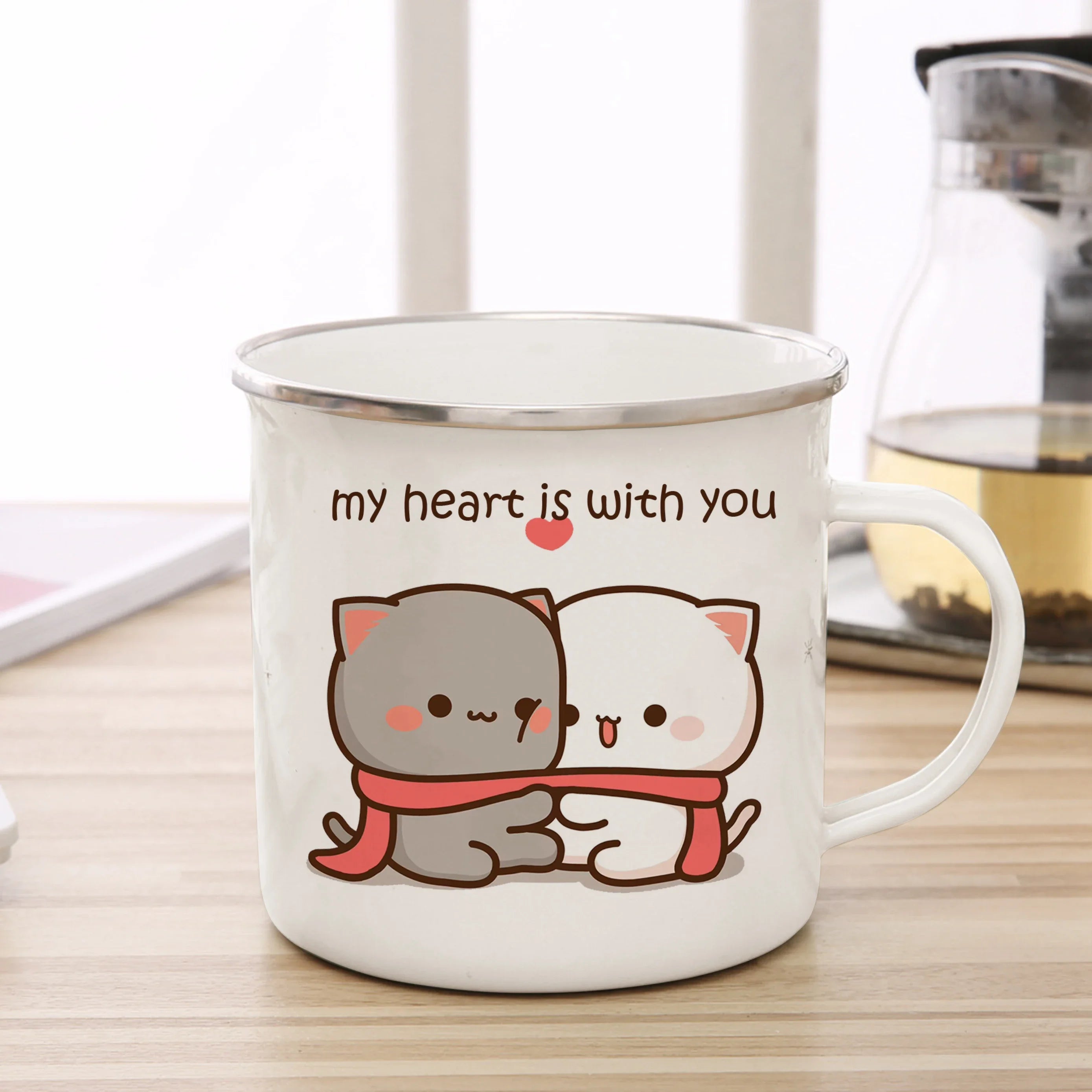 New Peach and Goma cat Enamel cup Coffee tea Mug cute animal Breakfast Dessert milk water cup couple gift