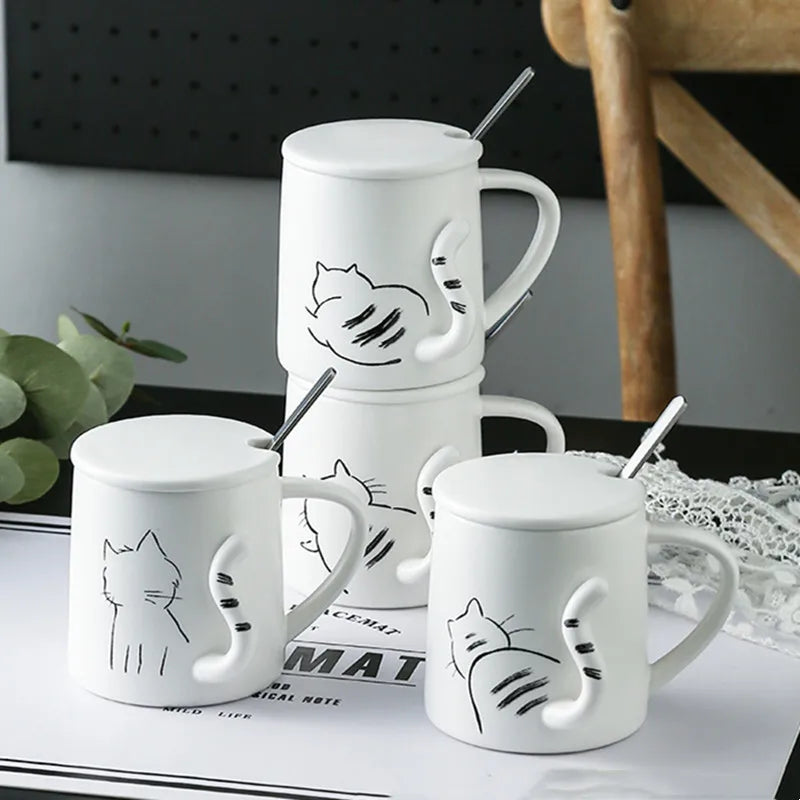 380ml Cute Cat Ceramic Mug With Spoon And Lid Creative Relief Coffee Tea Milk Breakfast Cups With Handle Novelty Gifts