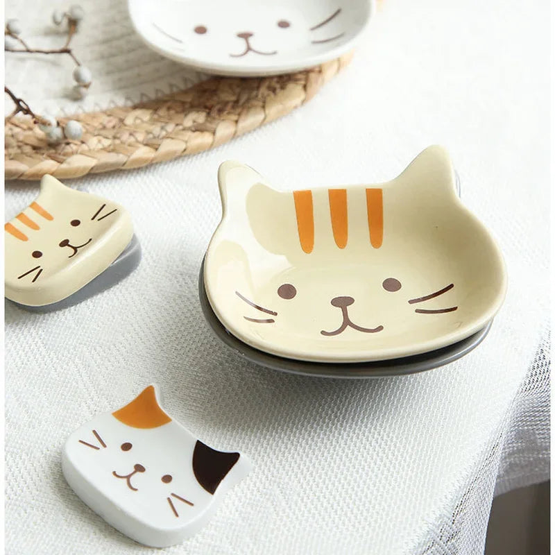 Japanese Cute Cat Dish Creative Ceramic Seasoning Dish Porcelain Dipping Saucer Plate Snack Plate Kitchen Supplies Tableware