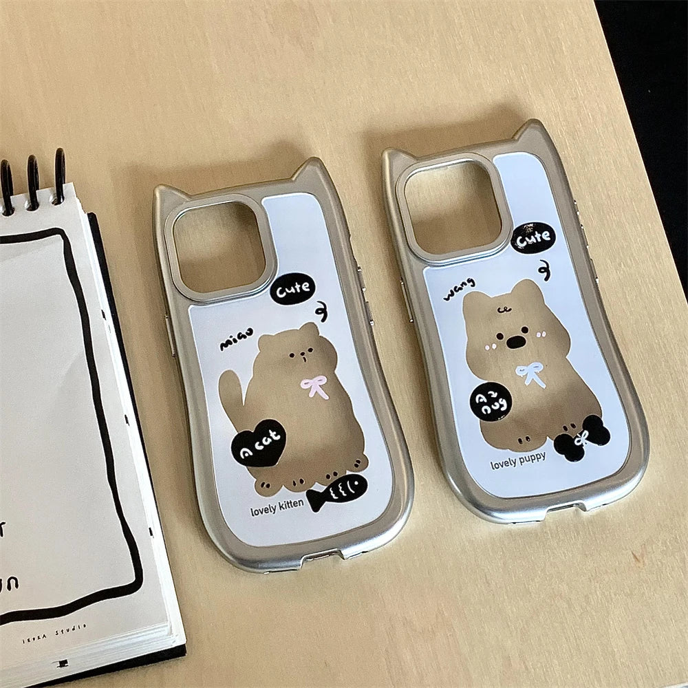 Korean Cartoon 3D Cat Ears Puppy Clear Plating Phone Case For iphone 15 14 13 12 Pro Max Cute Anti-Drop Shockproof Back Cover