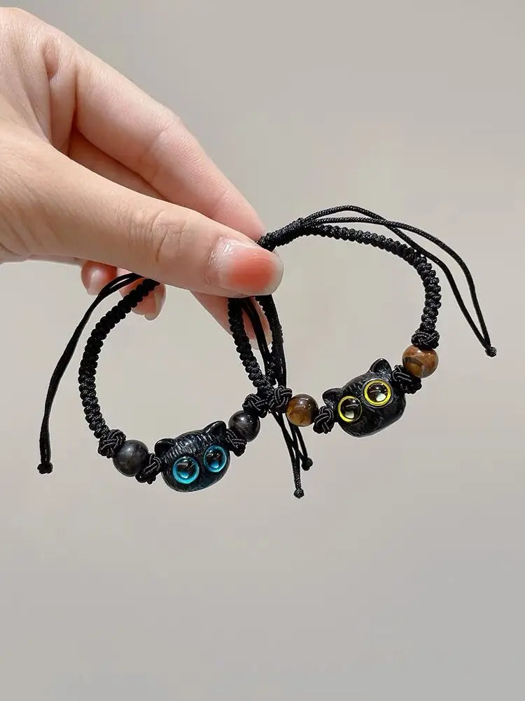 Charm Cat Head Bracelets Couple Little Demon Owl Braided Rope Beads Wrist Bracelet Black Crystal Handmade Jewelry Friendship