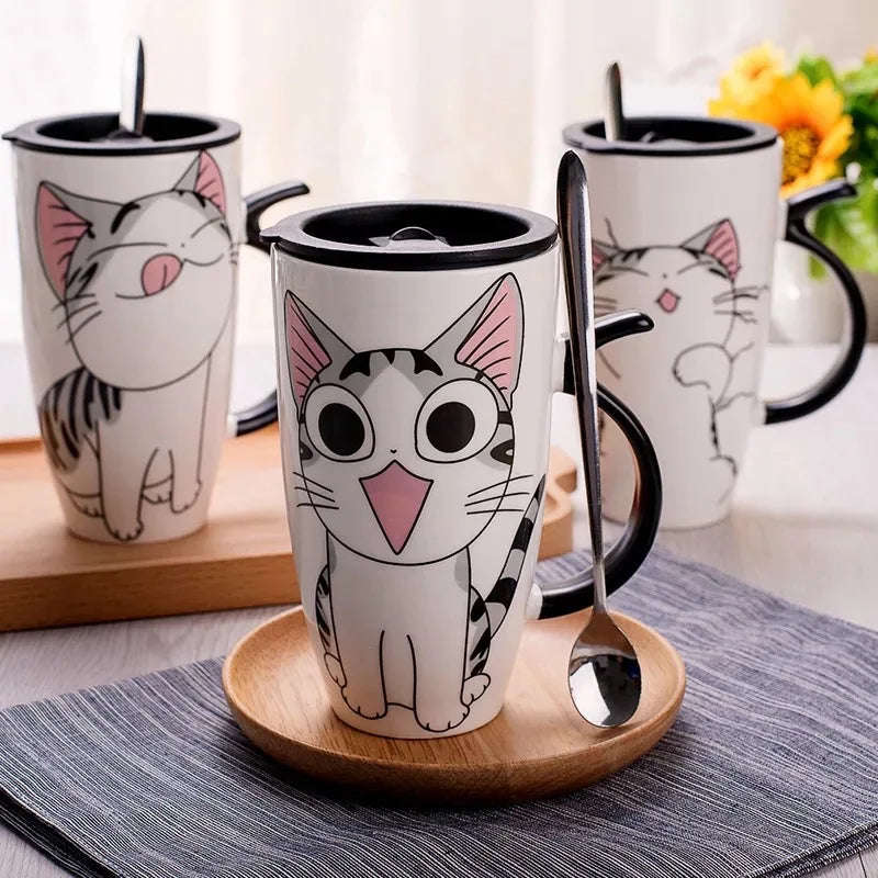 Drinkware 600ml Creative Cat Ceramic Mug With Lid Spoon Beer Cup of Coffee Original and Funny Cups to Give Away Couple Gift Mugs