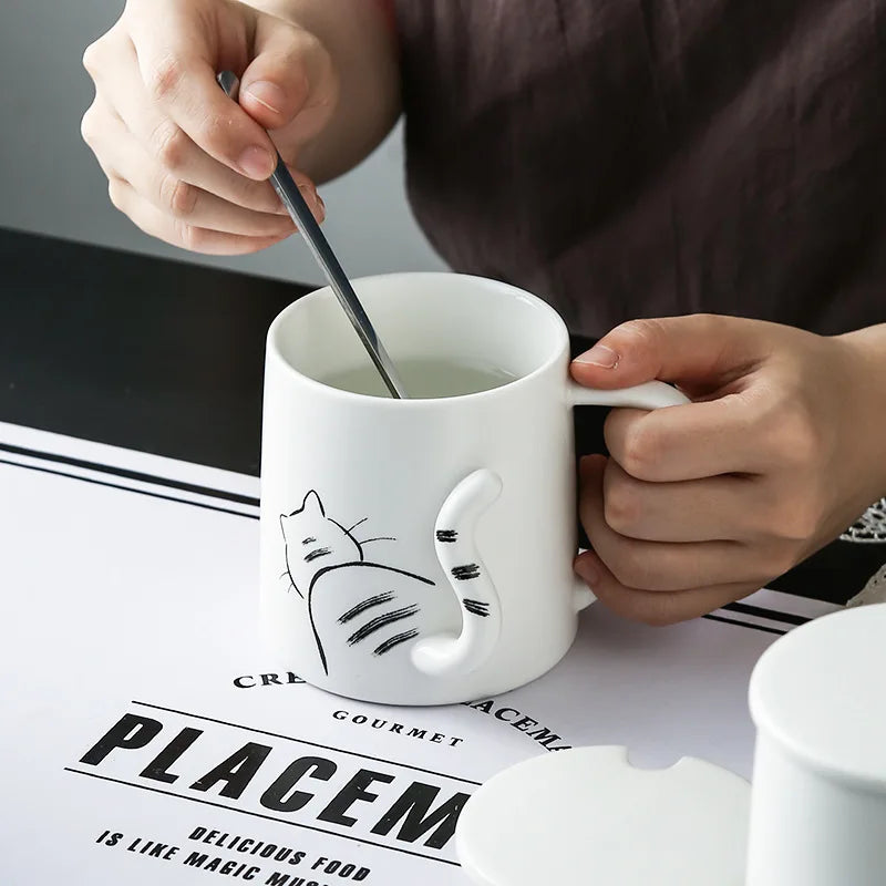 380ml Cute Cat Ceramic Mug With Spoon And Lid Creative Relief Coffee Tea Milk Breakfast Cups With Handle Novelty Gifts