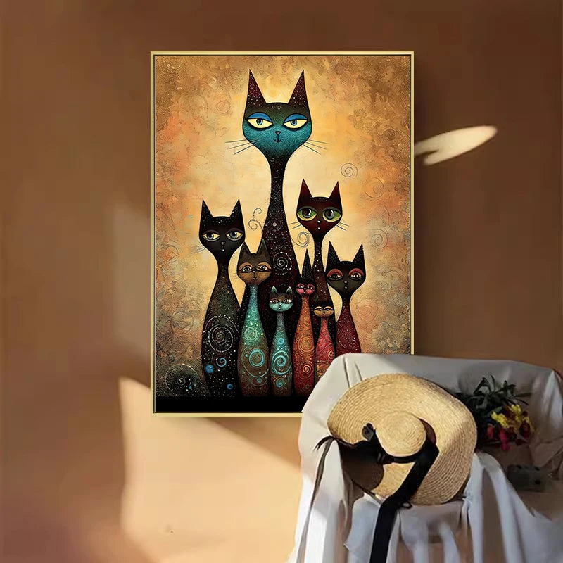 Gustav Klimt Style Cats Family Abstract Canvas Painting Cute Pet Cat Bunny Panda Posters and Prints Wall Art Pictures Room Decor