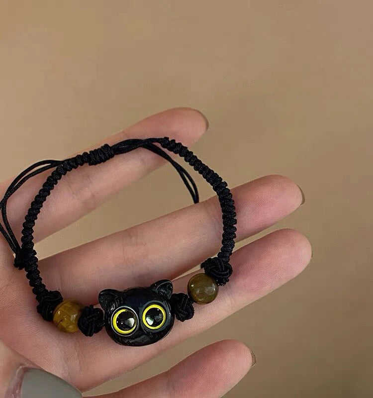 Charm Cat Head Bracelets Couple Little Demon Owl Braided Rope Beads Wrist Bracelet Black Crystal Handmade Jewelry Friendship