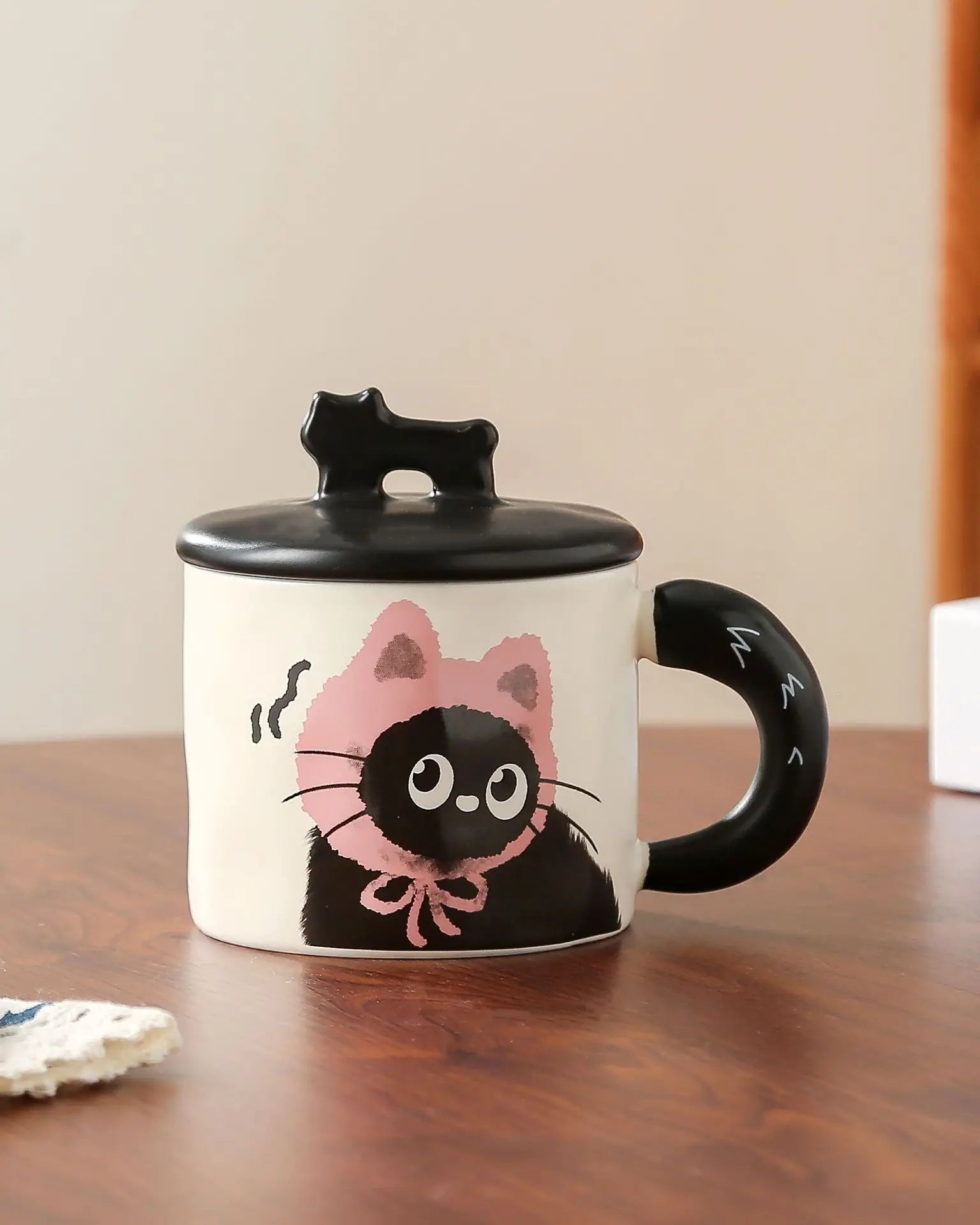 Cartoon Cat Mug with Lid Drinkware Cute Ceramic Coffee Cups Office Home Kitchen Dining Supplies