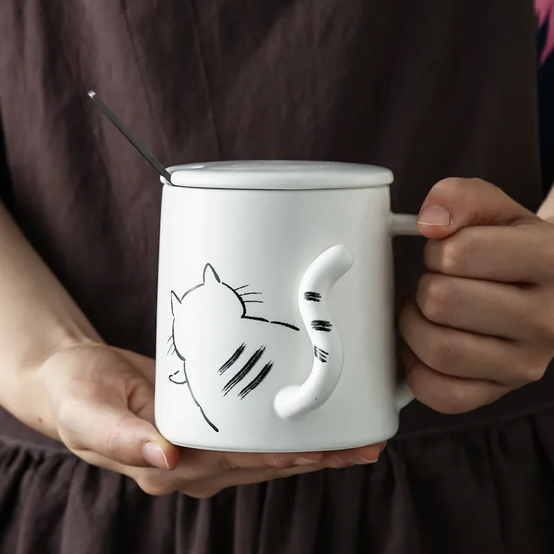 380ml Cute Cat Ceramic Mug With Spoon And Lid Creative Relief Coffee Tea Milk Breakfast Cups With Handle Novelty Gifts