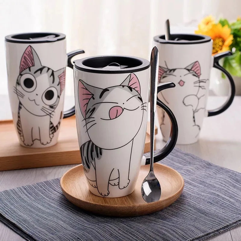 Drinkware 600ml Creative Cat Ceramic Mug With Lid Spoon Beer Cup of Coffee Original and Funny Cups to Give Away Couple Gift Mugs