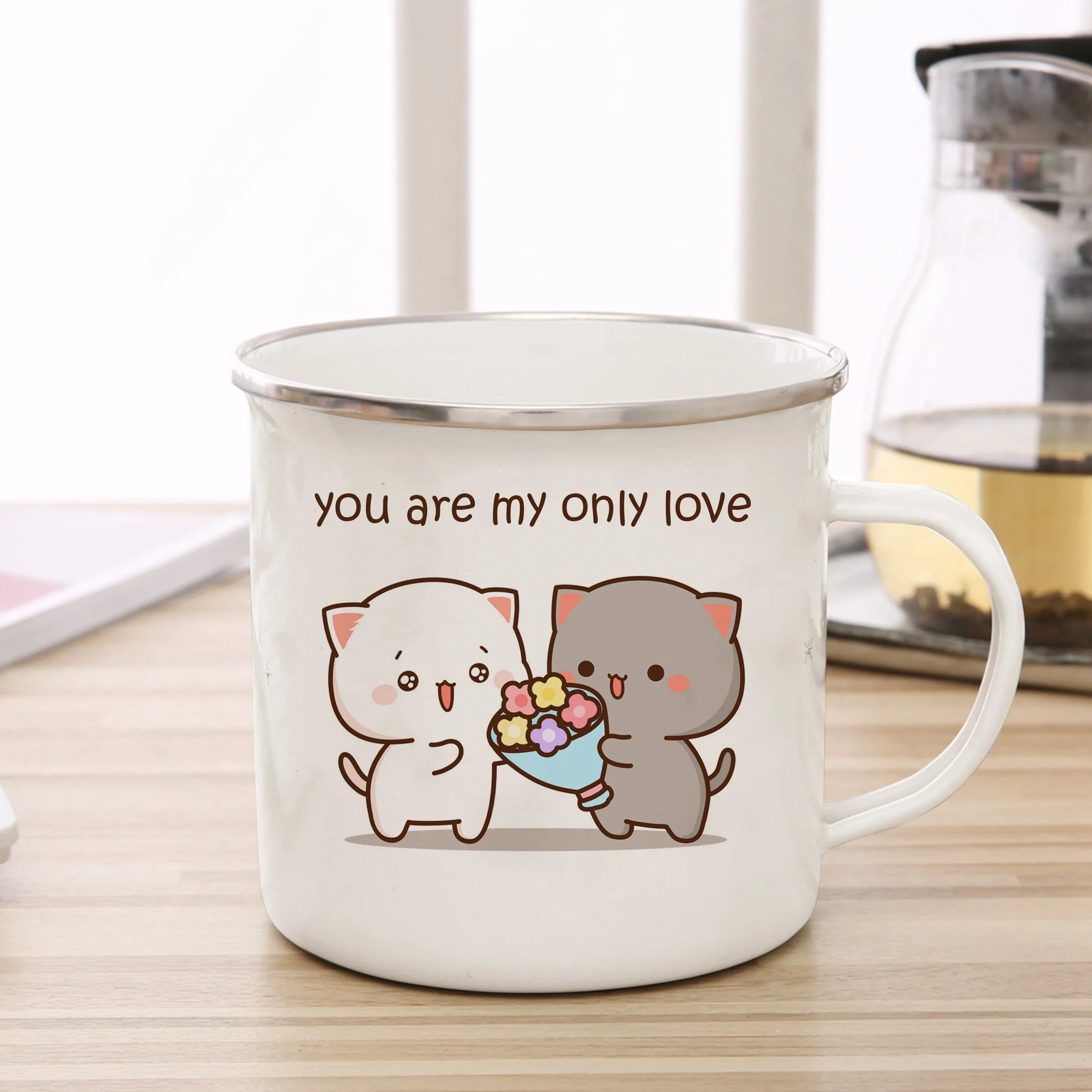 New Peach and Goma cat Enamel cup Coffee tea Mug cute animal Breakfast Dessert milk water cup couple gift