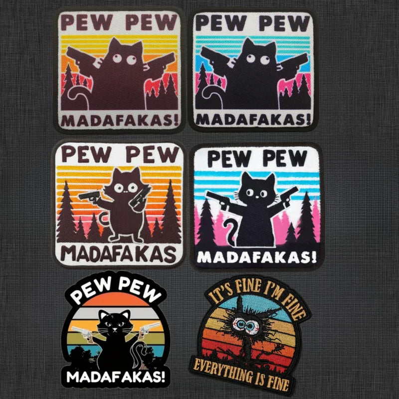 Pew Pew Madafakas Tactical Patches Fun Embroidery Hook&Loop Patch Military Double Spear Black Cat Morale Badge Backpack Stickers