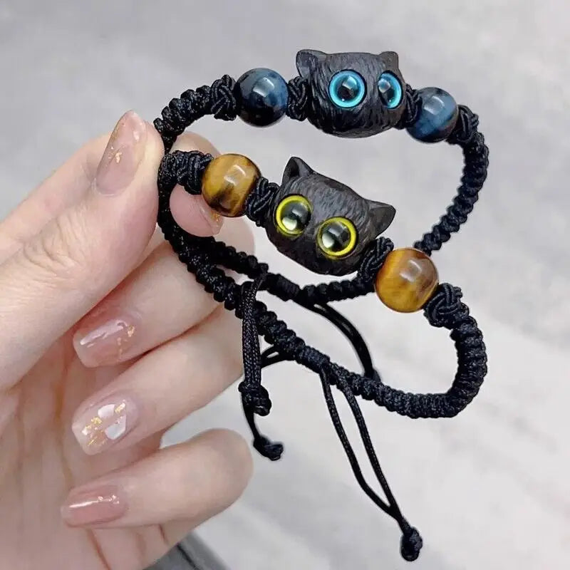 Charm Cat Head Bracelets Couple Little Demon Owl Braided Rope Beads Wrist Bracelet Black Crystal Handmade Jewelry Friendship