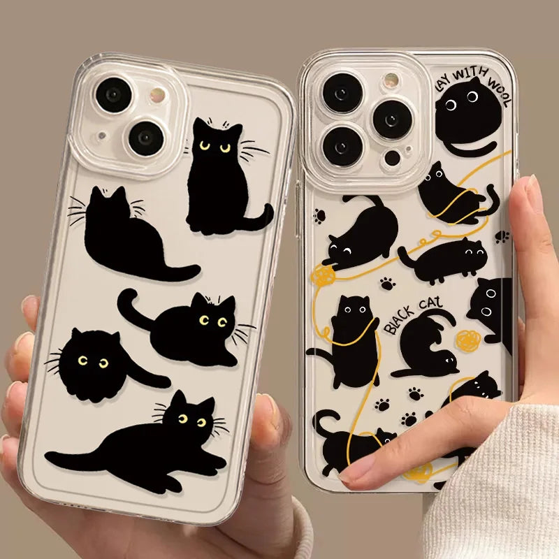 Transparent Phone Case for iPhone 13 15 Cover for 12 11 14 Pro Max 13 12Mini X XS XR SE 14 Plus Cartoon Black Cat Shells Fundas