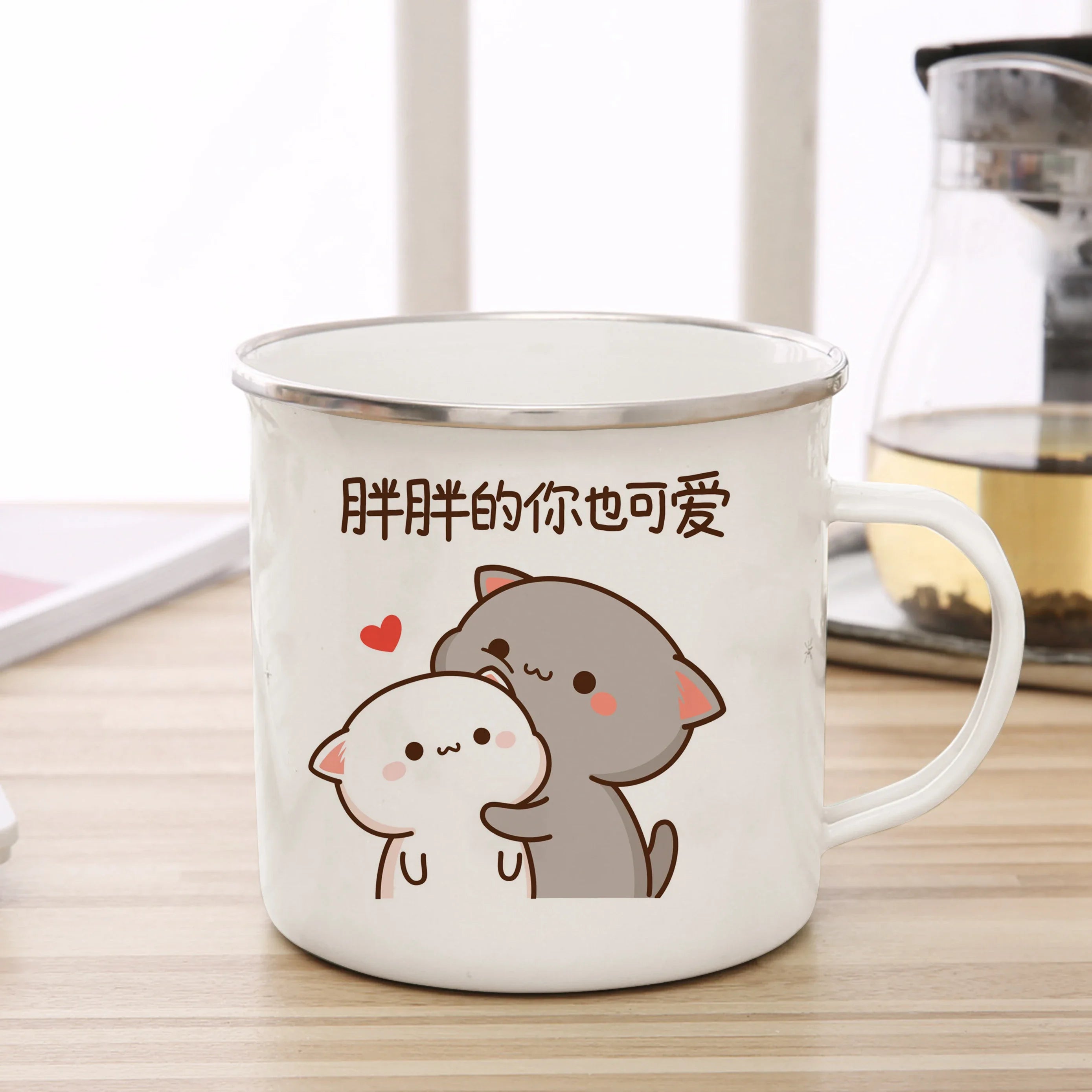 New Peach and Goma cat Enamel cup Coffee tea Mug cute animal Breakfast Dessert milk water cup couple gift