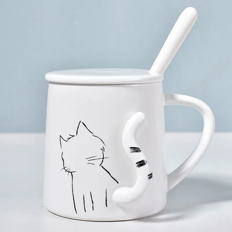 380ml Cute Cat Ceramic Mug With Spoon And Lid Creative Relief Coffee Tea Milk Breakfast Cups With Handle Novelty Gifts