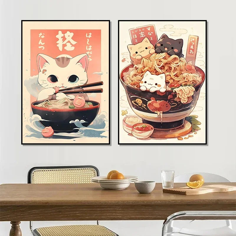 Kawaii Japanese Ramen Animal Cat Posters Canvas Prints Paintings Home Decor Noodles Food Wall Art Poster Kitchen Room Decoration