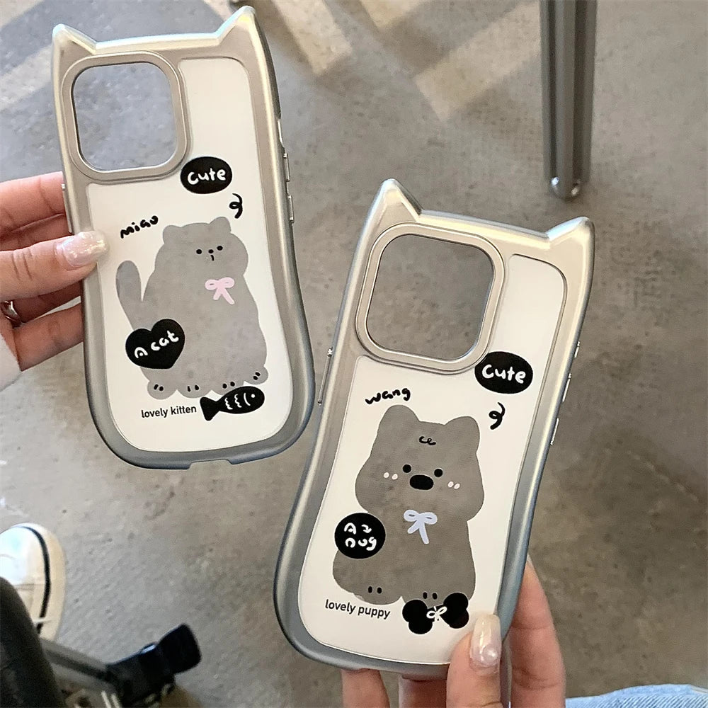 Korean Cartoon 3D Cat Ears Puppy Clear Plating Phone Case For iphone 15 14 13 12 Pro Max Cute Anti-Drop Shockproof Back Cover