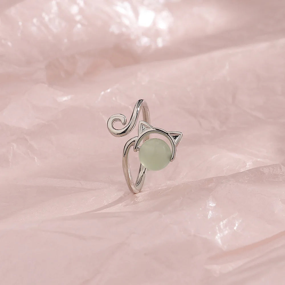 New Fashion Silver Color Open Finger Rings Cat Love Fish Moon Stone Pink Animal For Women Girl Jewelry Gift Dropship