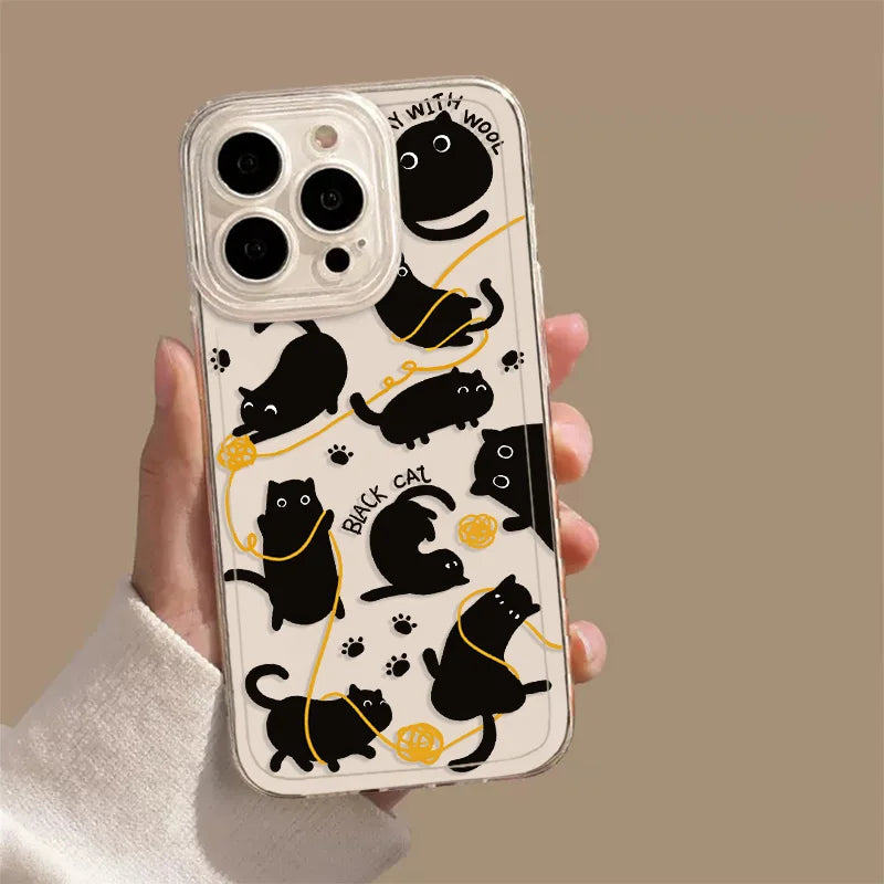 Transparent Phone Case for iPhone 13 15 Cover for 12 11 14 Pro Max 13 12Mini X XS XR SE 14 Plus Cartoon Black Cat Shells Fundas