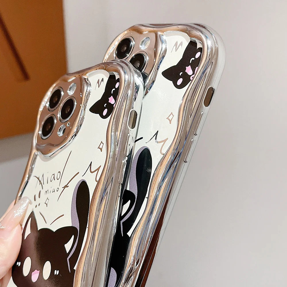 Bead Bracelet Chain Phone Case For iPhone 15 14 13 12 11 Pro Max 14 15 Plus XS Max XR Cute Cat Luxury Plating Silver Cover