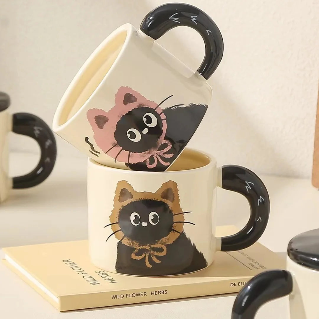 Cartoon Cat Mug with Lid Drinkware Cute Ceramic Coffee Cups Office Home Kitchen Dining Supplies