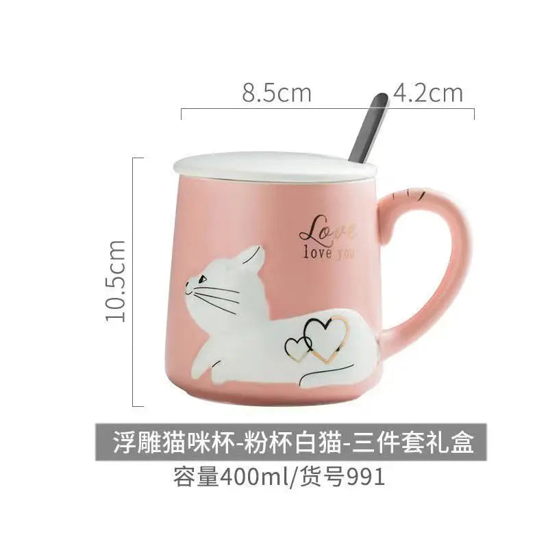 Pink White Black Cat Ceramic Mugs with Lids Spoons Cute Girl Heart Couple Coffee Cups Holiday Gifts Drinkware Water Bottle