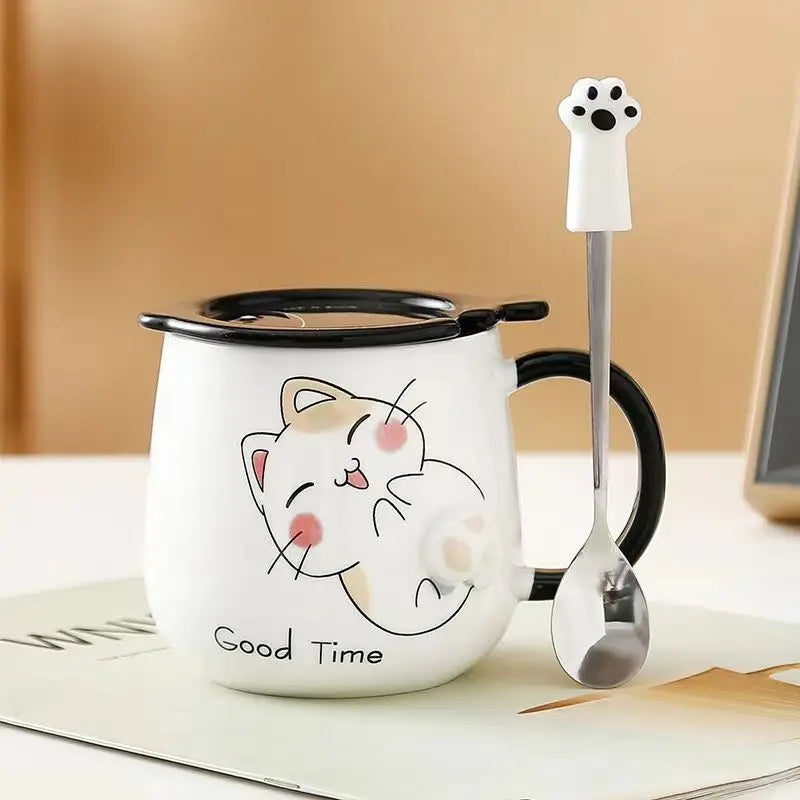 Pink White Black Cat Ceramic Mugs with Lids Spoons Cute Girl Heart Couple Coffee Cups Holiday Gifts Drinkware Water Bottle