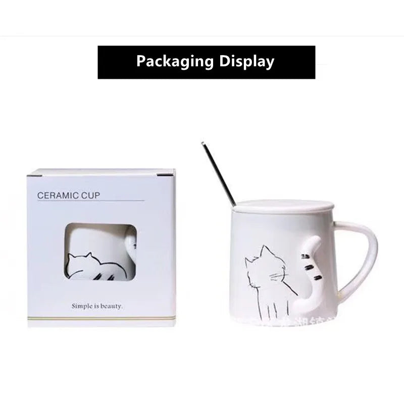 380ml Cute Cat Ceramic Mug With Spoon And Lid Creative Relief Coffee Tea Milk Breakfast Cups With Handle Novelty Gifts