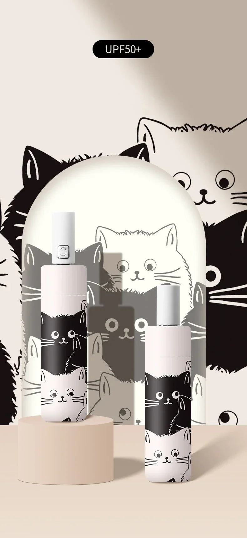 1pc Simple Cartoon Kittens Printed Black And White Automatic Umbrella, Sunny And Rainy Dual-use UV Protection Umbrella