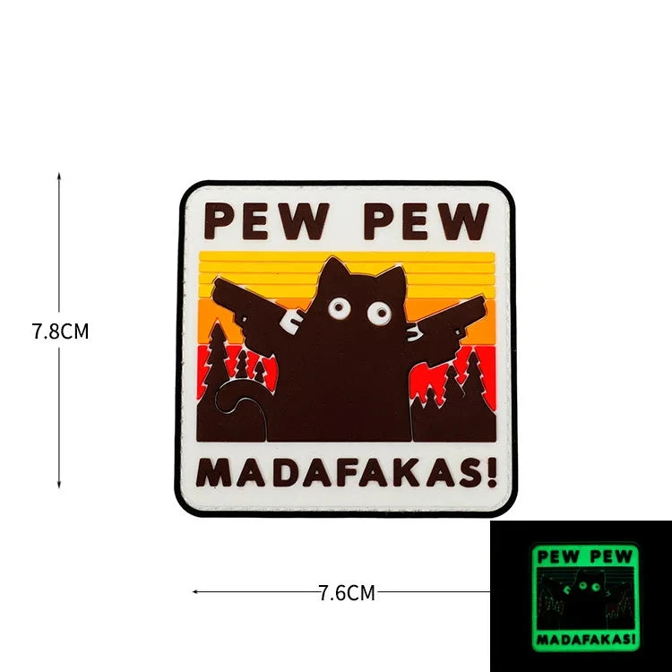 Pew Pew Madafakas Tactical Patches Fun Embroidery Hook&Loop Patch Military Double Spear Black Cat Morale Badge Backpack Stickers